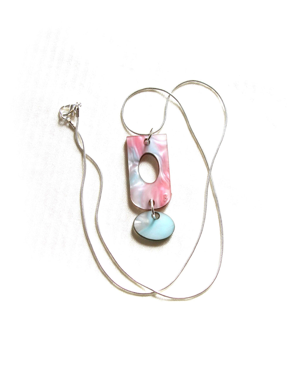 Pink and Turquoise Marbled Resin Necklace with Double Pendant
