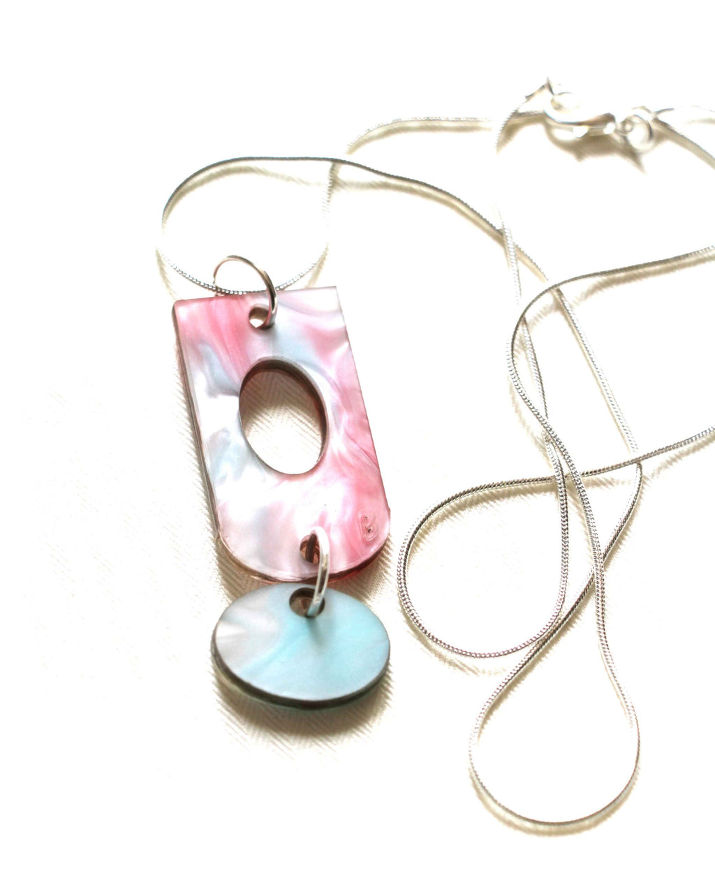 Pink and Turquoise Marbled Resin Necklace with Double Pendant