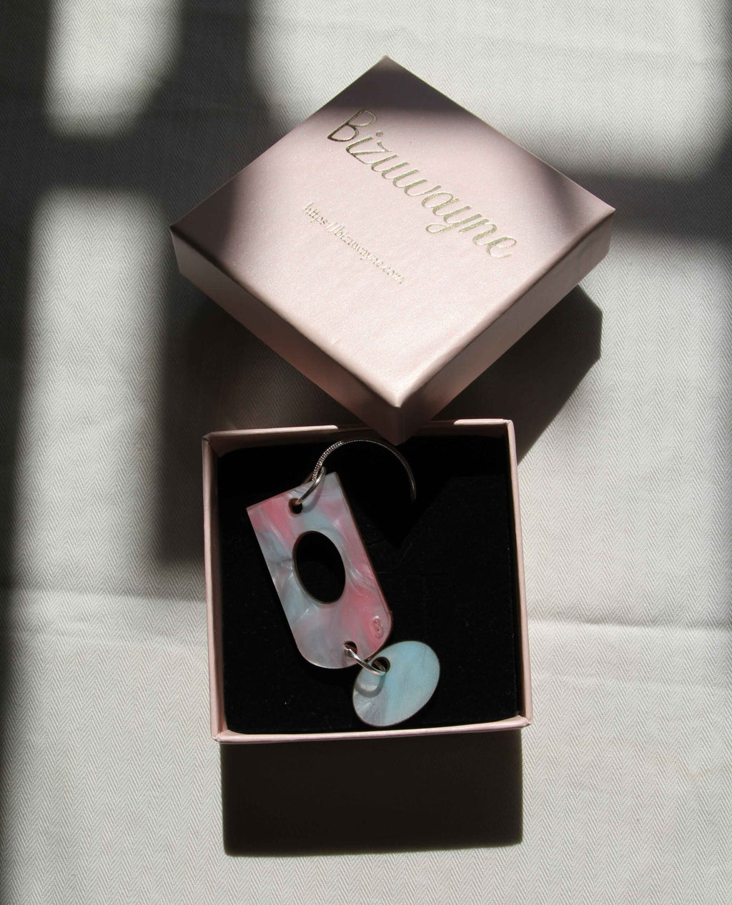 Pink and Turquoise Marbled Resin Necklace with Double Pendant